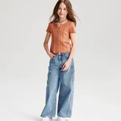 Girls' Short Sleeve Fitted Lace Trim Waffle Knit T-Shirt - Cat & Jack™ Chestnut S