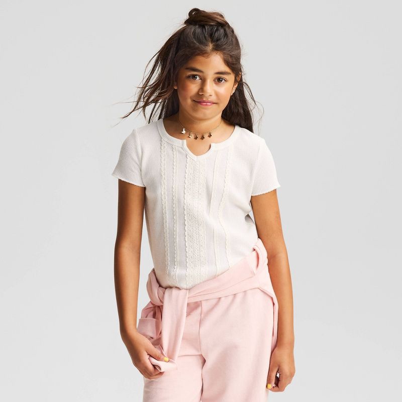 slide 1 of 3, Girls' Short Sleeve Fitted Lace Trim Waffle Knit T-Shirt - Cat & Jack™ Cream M, 1 ct