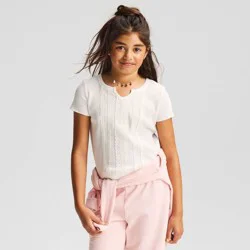 Girls' Short Sleeve Fitted Lace Trim Waffle Knit T-Shirt - Cat & Jack™ Cream M