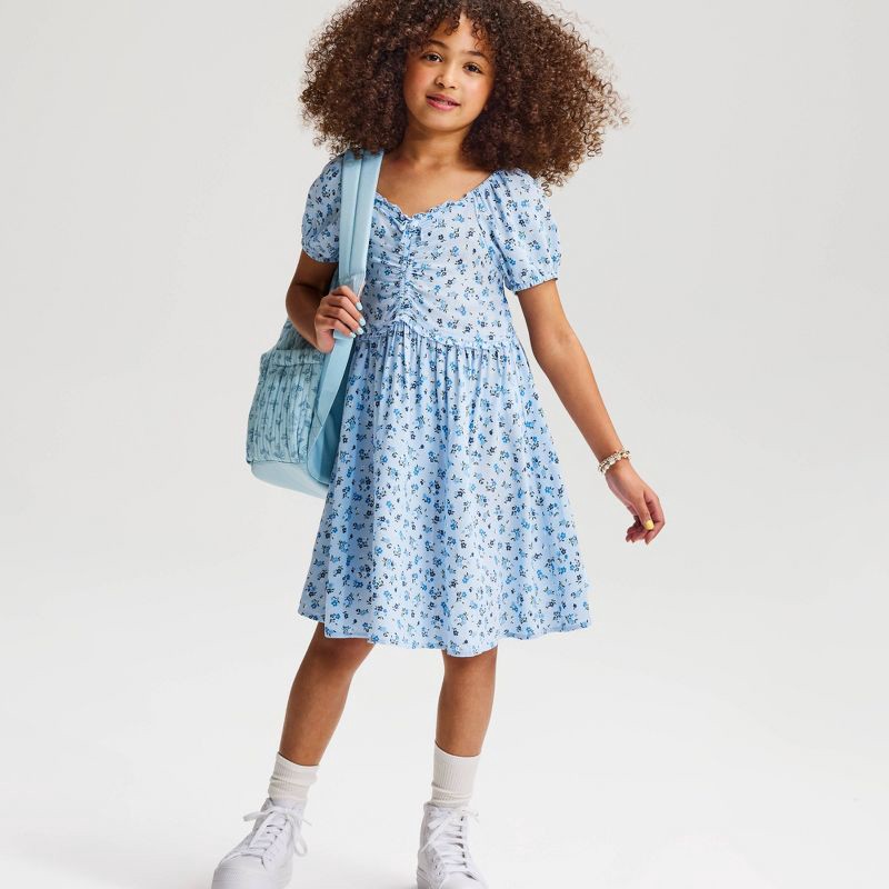 slide 1 of 4, Girls' Short Sleeve Floral Printed Woven Dress - Cat & Jack™ Blue XS, 1 ct