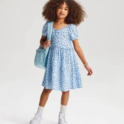 Girls' Short Sleeve Floral Printed Woven Dress - Cat & Jack™ Blue XS