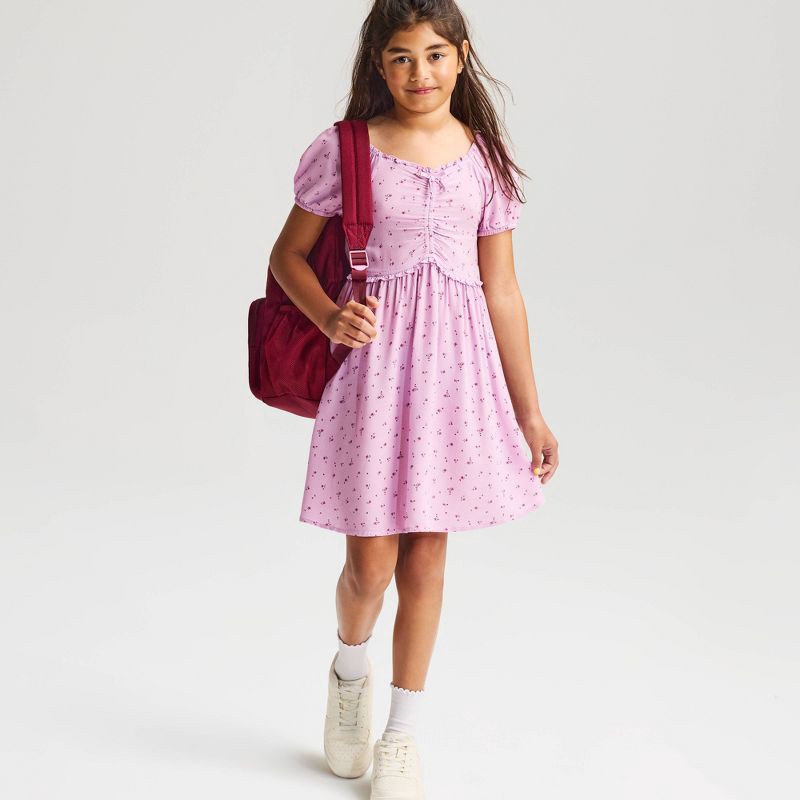 slide 1 of 4, Girls' Short Sleeve Floral Printed Woven Dress - Cat & Jack™ Mauve M, 1 ct