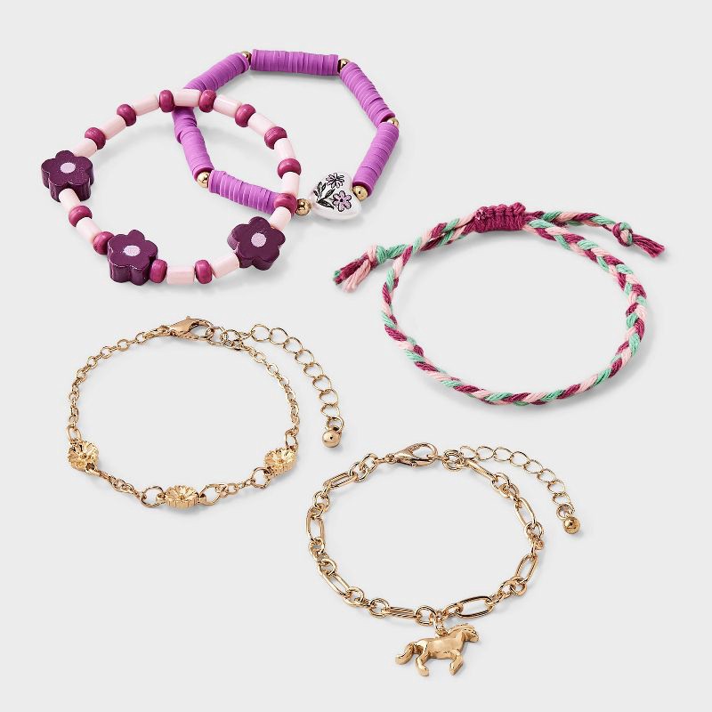 slide 1 of 3, Girls' Printed Heart and Horse Charm Bracelet Set 5pc - Cat & Jack™, 5 ct