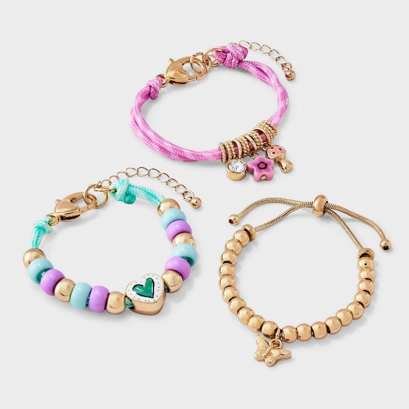 slide 1 of 3, Girls' Heart and Butterfly Charm Mixed Bracelet Set 3pc - Cat & Jack™, 3 ct