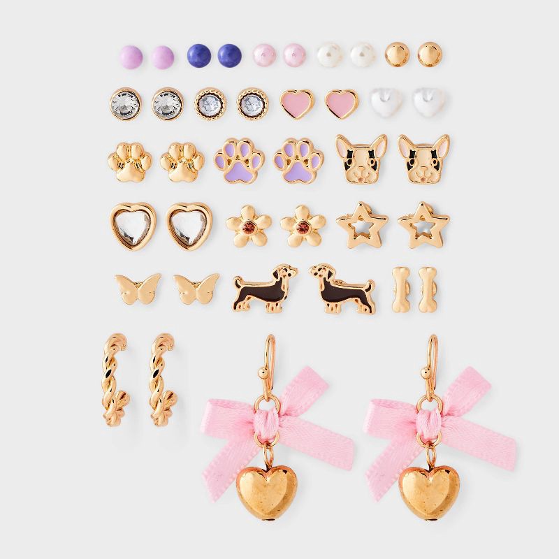 slide 1 of 3, Girls' Mixed Earring Set - Dog Icons with Hoops & Heart Charms 20pc - Cat & Jack™, 20 ct