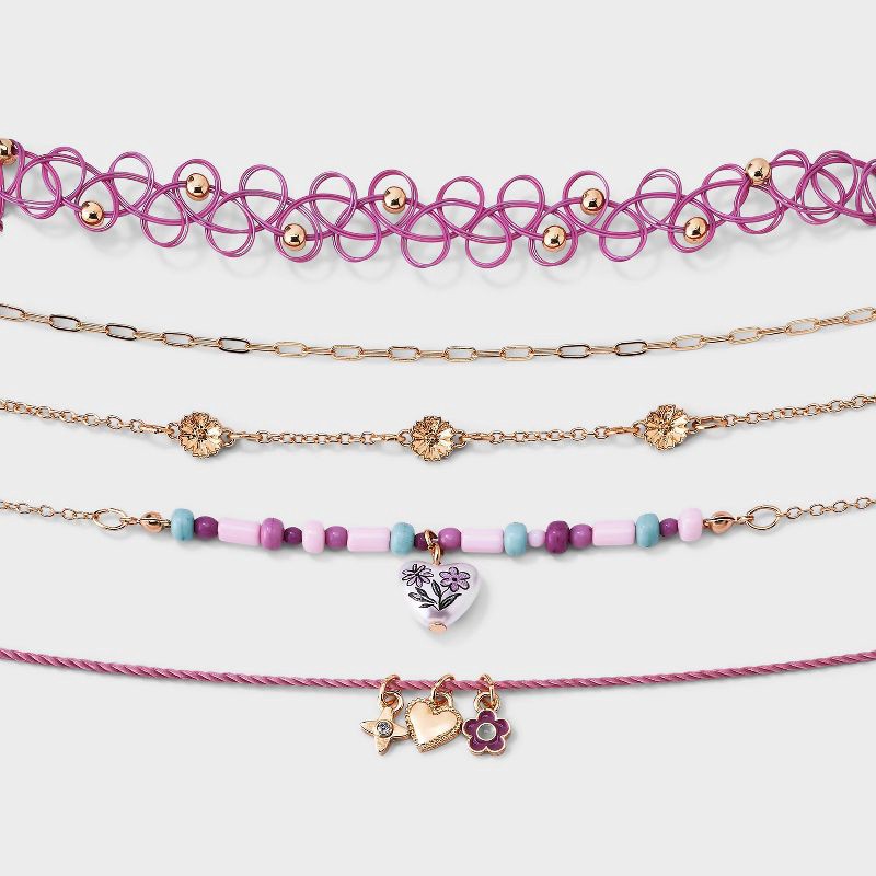 slide 1 of 3, Girls' Printed Flower Heart Charm Mixed Choker Set with Cord 5pc - Cat & Jack™ Pink/Purple, 5 ct
