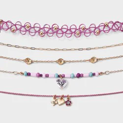 Girls' Printed Flower Heart Charm Mixed Choker Set with Cord 5pc - Cat & Jack™ Pink/Purple