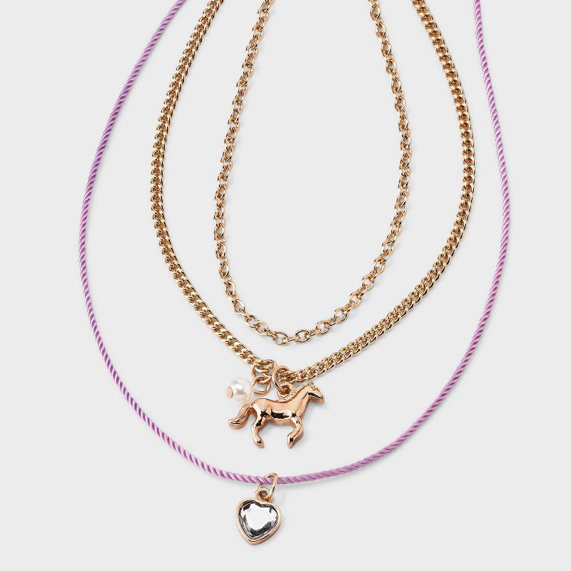 slide 1 of 3, Girls' Heart and Horse Charm Layered Necklace Set 3pc - Cat & Jack™ Gold/Purple, 3 ct