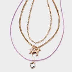 Girls' Heart and Horse Charm Layered Necklace Set 3pc - Cat & Jack™ Gold/Purple