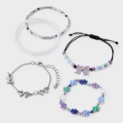 Girls' Mixed Bracelet Set with Bows and Beaded Flowers 5pc - Cat & Jack™ Silver/Purple