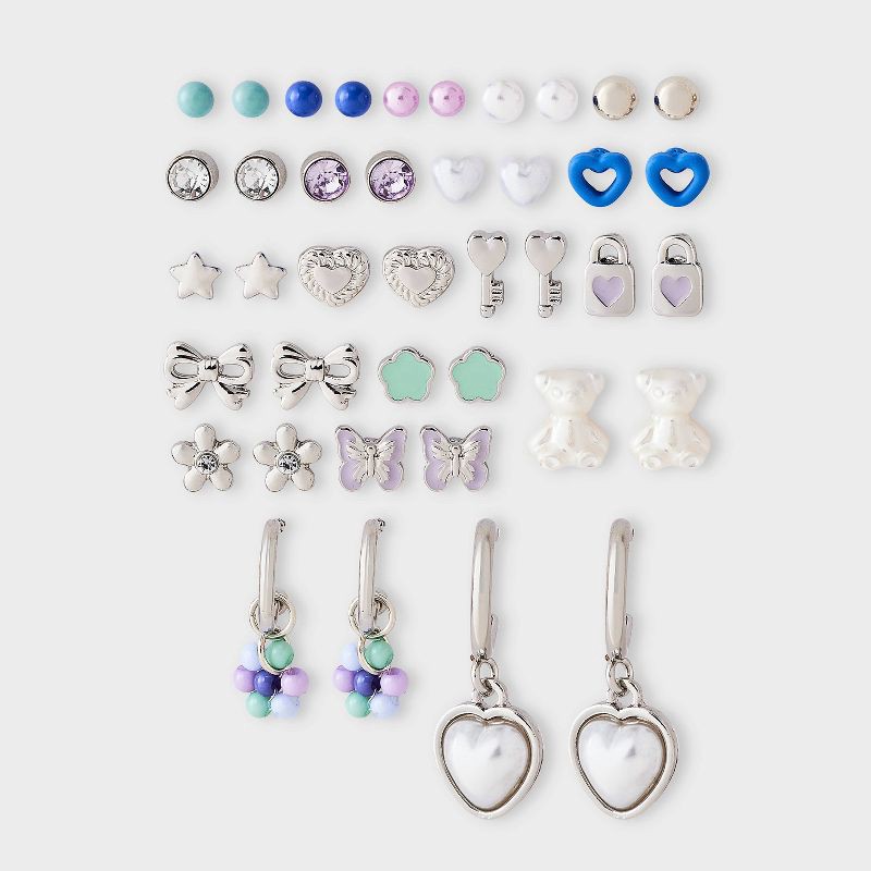 slide 1 of 3, Girls' Mixed Earring Set - Teddy Bear Studs and Hoops with Heart Charms 20pc - Cat & Jack™ Silver/Blue, 20 ct