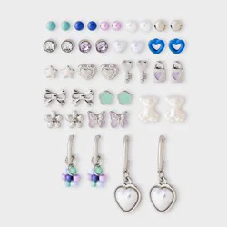 Girls' Mixed Earring Set - Teddy Bear Studs and Hoops with Heart Charms 20pc - Cat & Jack™ Silver/Blue