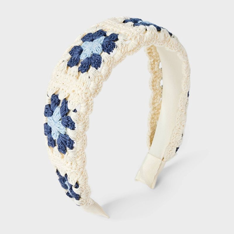 slide 1 of 3, Girls' Floral Knitted Headband - Cat & Jack™ Blue/Cream, 1 ct