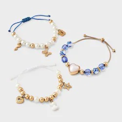 Girls' Adjustable Bracelet Set with Printed Flower Beads and Heart Charm 3pc - Cat & Jack™ Blue/Gold