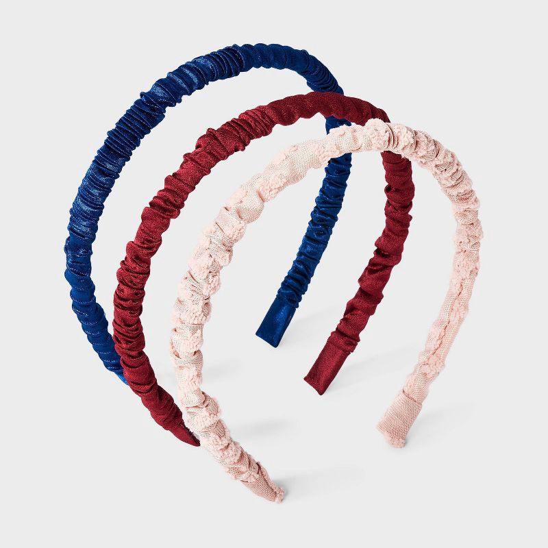 slide 1 of 3, Girls' 3pk Ruched Waffle Headband Set - Cat & Jack™ Maroon/Pink/Blue, 3 ct