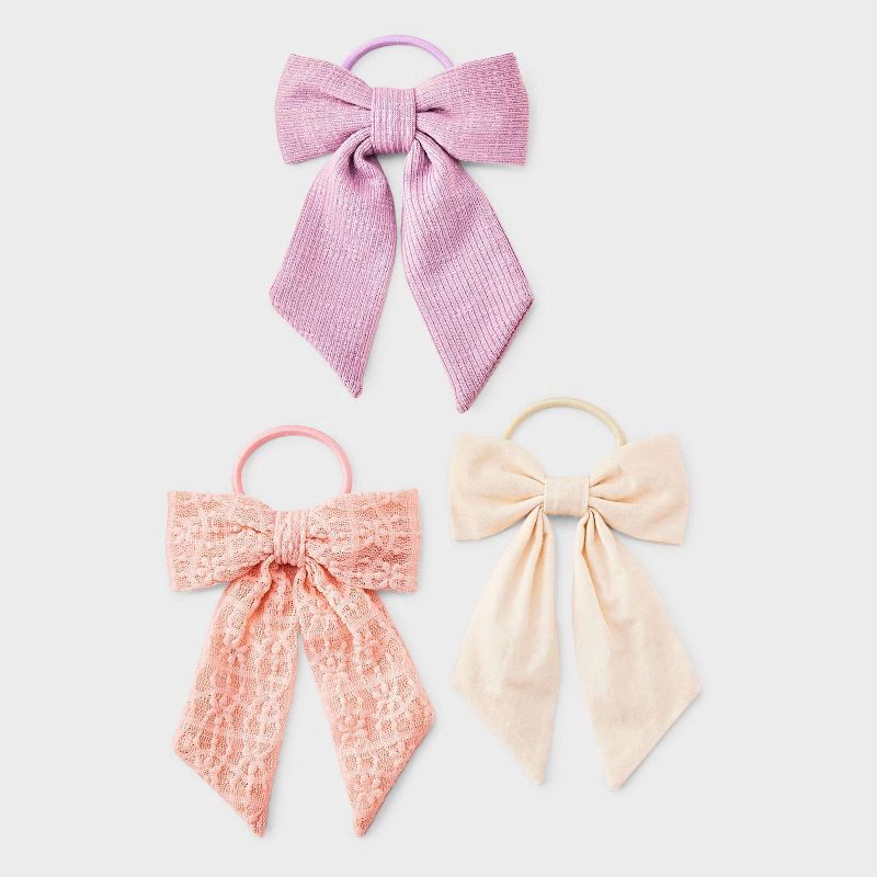 slide 1 of 3, Girls' Bow Ponytail Holder 3pc - Cat & Jack™ - Cream/Pink/Purple, 3 ct