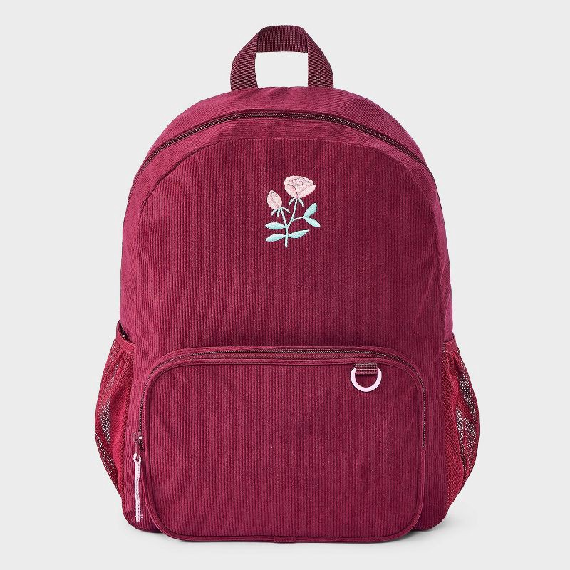 slide 1 of 4, Girls' Embroidered Flower Corduroy Backpack - Cat & Jack™ Maroon, 1 ct