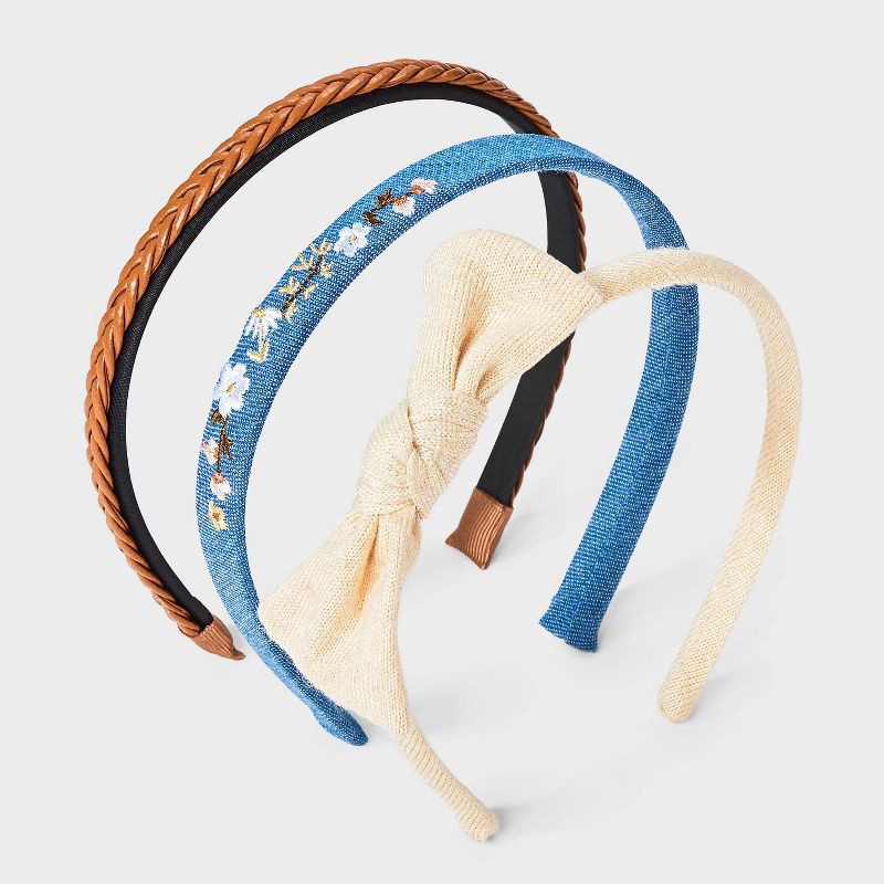 slide 1 of 3, Girls' 3pk Bow, Floral & Faux Leather Headband Set - Cat & Jack™ Cream/Denim/Brown, 3 ct