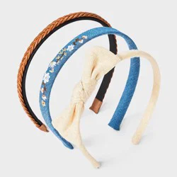 Girls' 3pk Bow, Floral & Faux Leather Headband Set - Cat & Jack™ Cream/Denim/Brown