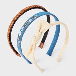 Girls' 3pk Bow, Floral & Faux Leather Headband Set - Cat & Jack™ Cream/Denim/Brown