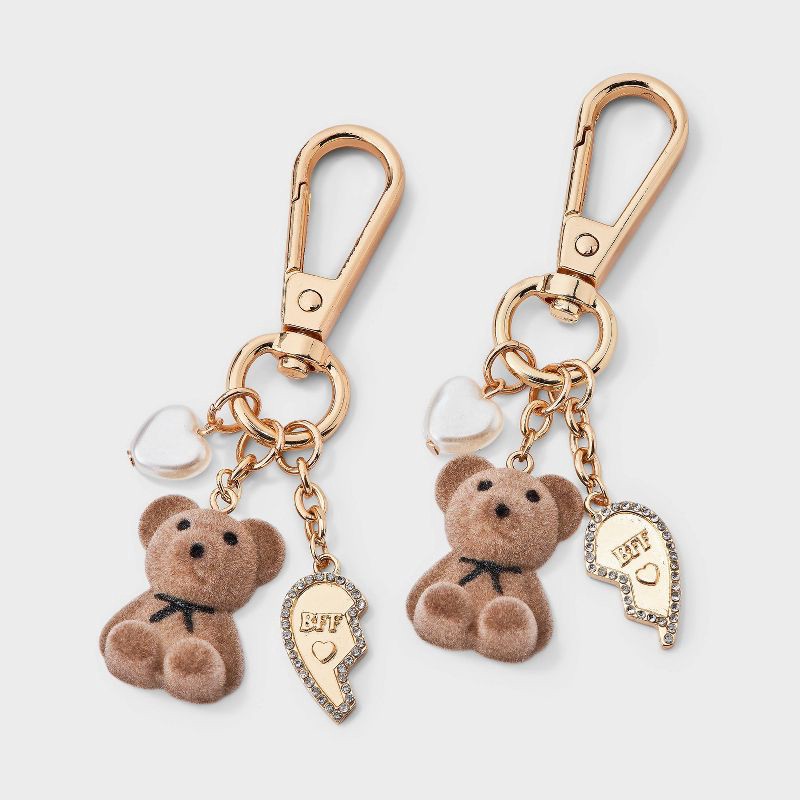 slide 1 of 3, Girls' BFF Teddy Bear Bag Charm with Broken Hearts 2ct - art class™ Brown, 2 ct
