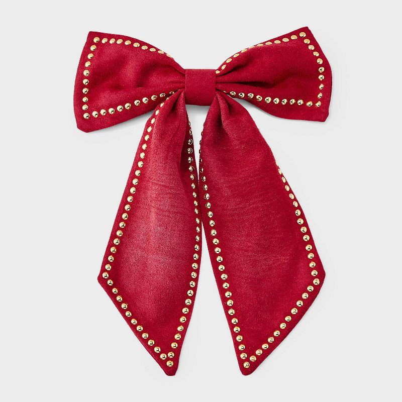 slide 1 of 3, Girls' Suede Bow Hair Barrette with Gold Studs Maroon - art class™, 1 ct