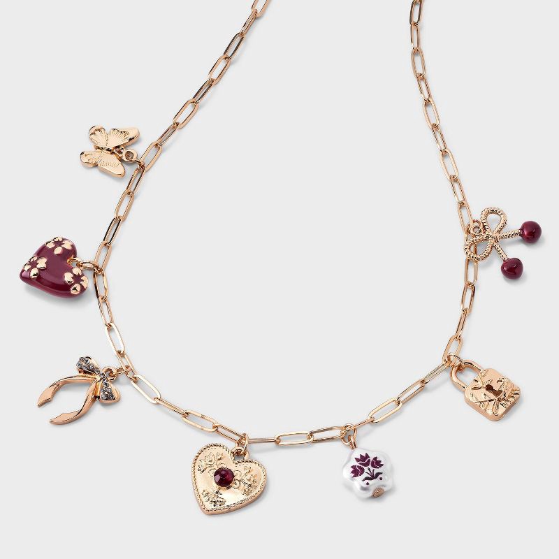 slide 1 of 3, Girls' Heart, Cherry and Bow Charms Statement Necklace - art class™ Gold, 1 ct