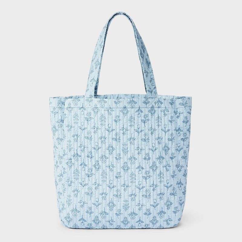 slide 1 of 4, Girls' Floral Printed Tote with Channel Quilting - art class™ Blue, 1 ct