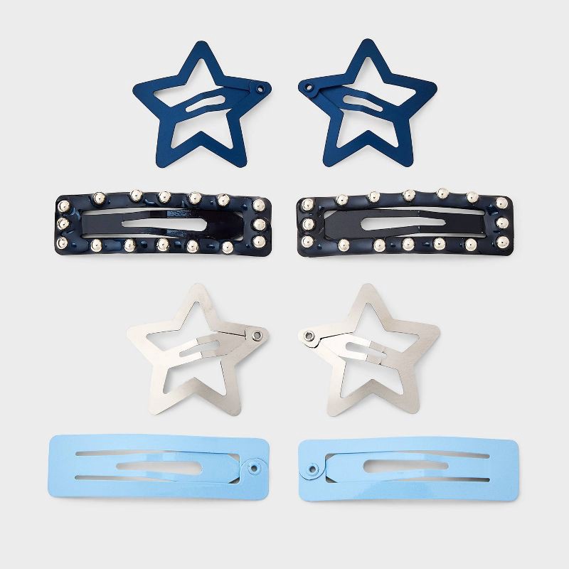 slide 1 of 3, Girls' Mixed Star Snap Hair Clip Set 8pc Blue/Silver - art class™, 8 ct