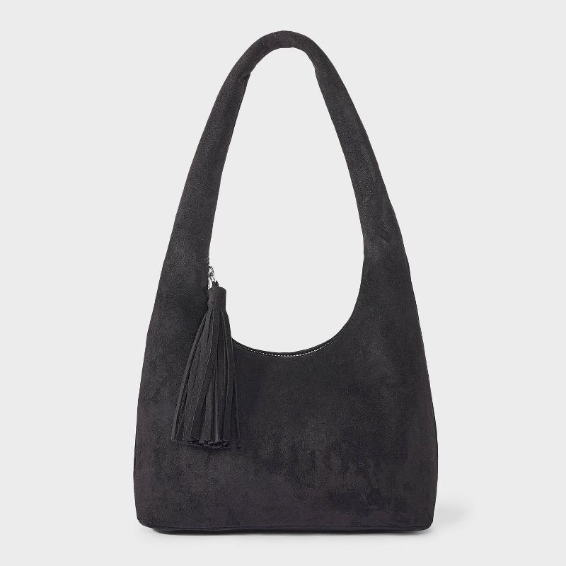 slide 1 of 5, Girls' Suede Shoulder Bag with Tassel Puller - art class™ Black, 1 ct