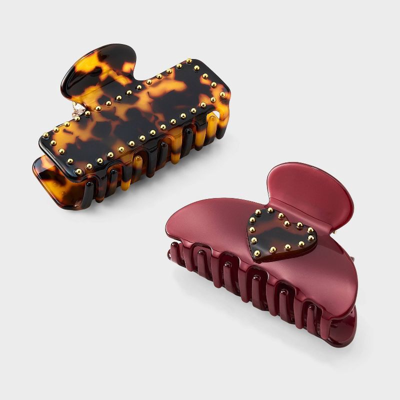 slide 1 of 3, Girls' Tortoise Claw Hair Clip Set 2pc Burgundy - art class™, 2 ct