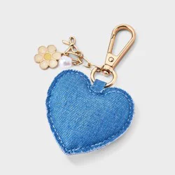 Girls' Denim Plush Heart Bag Charm with Flower - Cat & Jack™ Blue/Gold