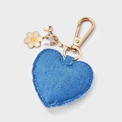 Girls' Denim Plush Heart Bag Charm with Flower - Cat & Jack™ Blue/Gold