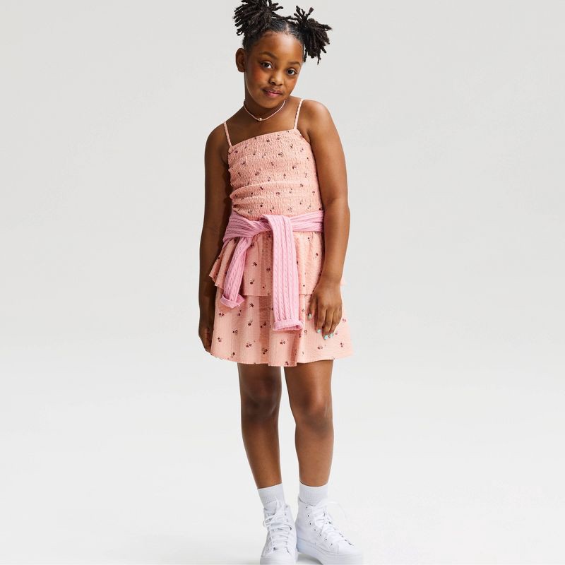 slide 1 of 4, Girls' Floral Printed Smocked Drop Waist Dress - Cat & Jack™ Pink S, 1 ct
