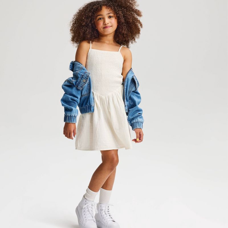 slide 1 of 4, Girls' Smocked Bodice Woven Dress - Cat & Jack™ Cream M, 1 ct