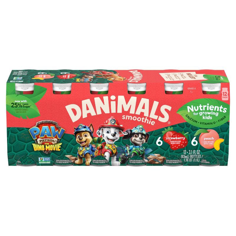 slide 1 of 12, Danimals Paw Patrol Strawberry and Peach Traditional Yogurt - 2g Protein 41.28oz/12ct, 2 gram, 41.28 oz, 12 ct