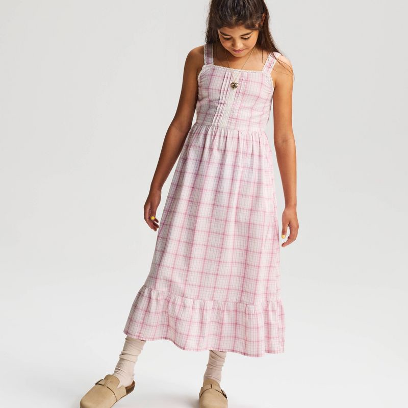 slide 1 of 4, Girls' Lace Trim Plaid Woven Maxi Dress - Cat & Jack™ Mauve M, 1 ct