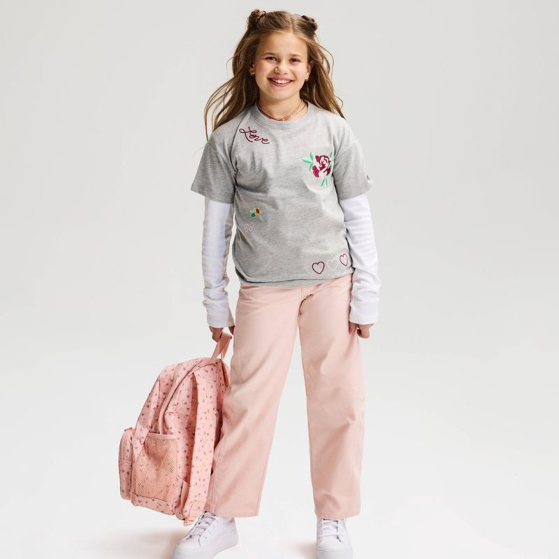slide 1 of 3, Girls' Short Sleeve Embroidered Floral Oversized Graphic T-Shirt - Cat & Jack™ Heather Gray M, MED