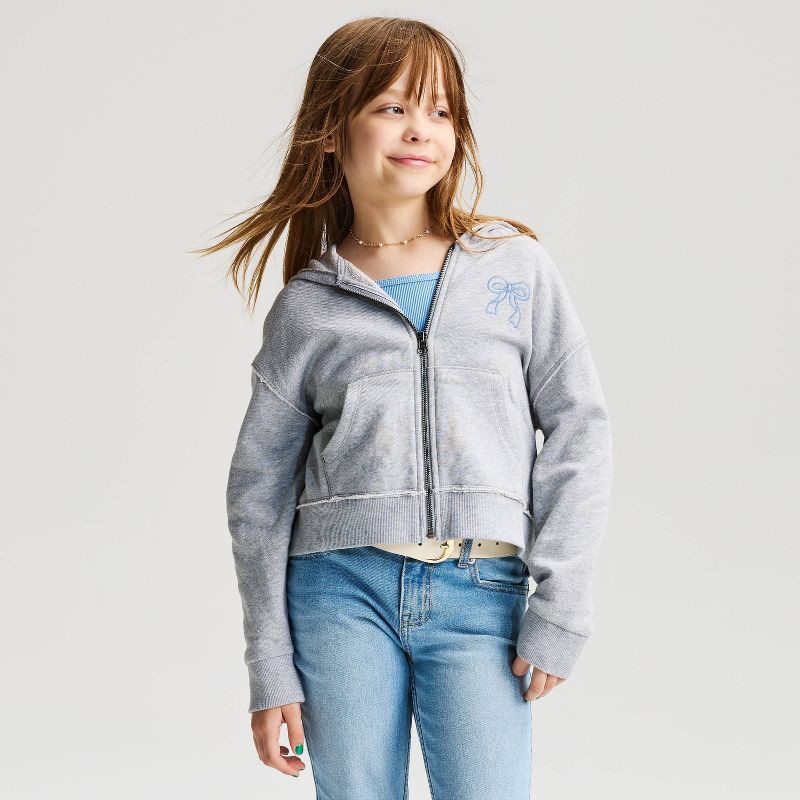 slide 1 of 4, Girls' French Terry 'Bow' Graphic Hoodie Zip-Up Sweatshirt - Cat & Jack™ Heather Gray XS, XS