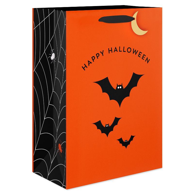slide 1 of 5, American Greetings Medium "Happy Halloween" Bats and Spiderwebs Gift Bag with Tag Orange/Black - Designed by Spaghetti and Meatballs, 1 ct