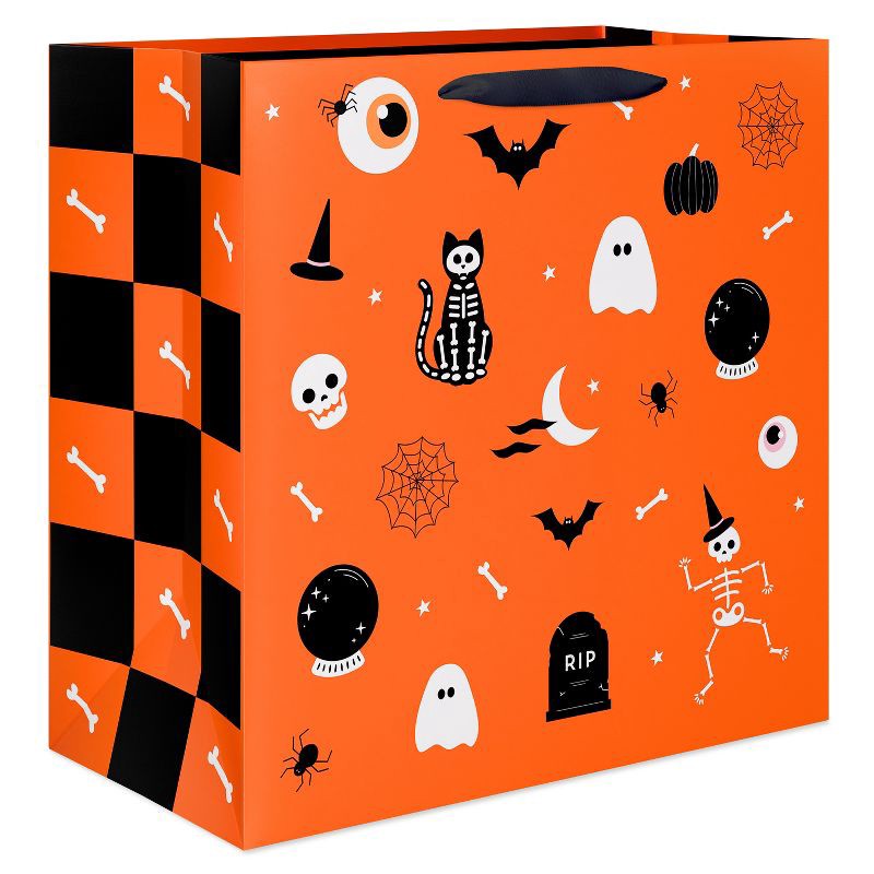 slide 1 of 4, American Greetings Jumbo Halloween Icon Gift Bag Orange/Black - Designed by Spaghetti and Meatballs, 1 ct