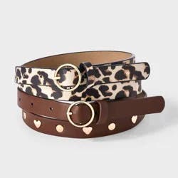 Girls' 2pk Heart Studded & Cheetah Print Belt - Cat & Jack™ Brown/Black L
