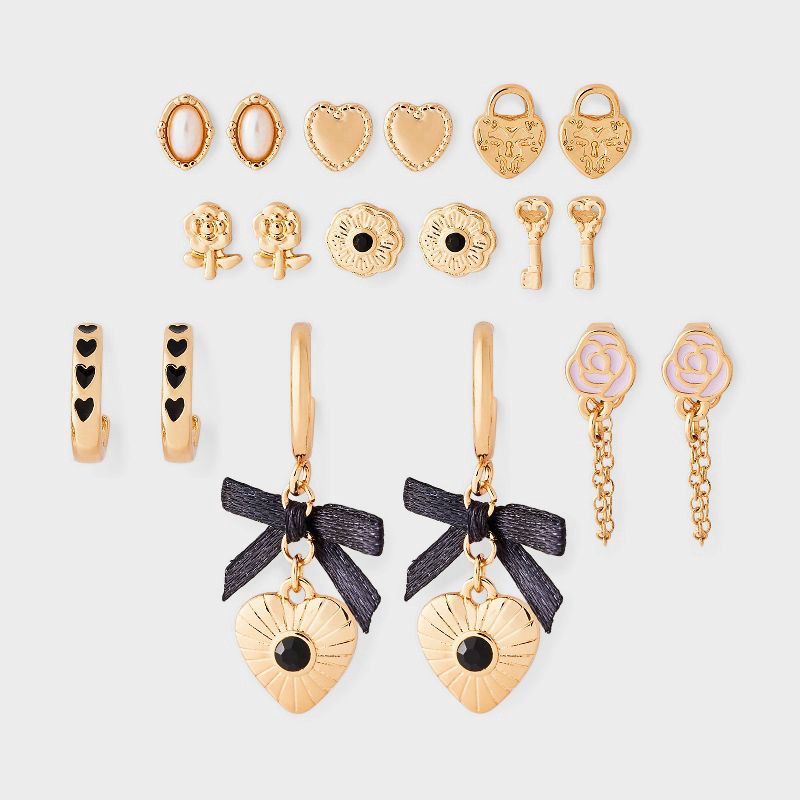 slide 1 of 3, Girls' Lock and Key Studs, Bows and Hoops with Heart Charms Mixed Earring Set 9pc - art class™ Gold, 9 ct