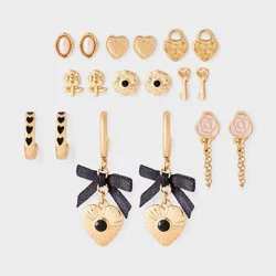Girls' Lock and Key Studs, Bows and Hoops with Heart Charms Mixed Earring Set 9pc - art class™ Gold