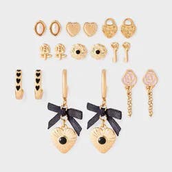 Girls' Lock and Key Studs, Bows and Hoops with Heart Charms Mixed Earring Set 9pc - art class™ Gold