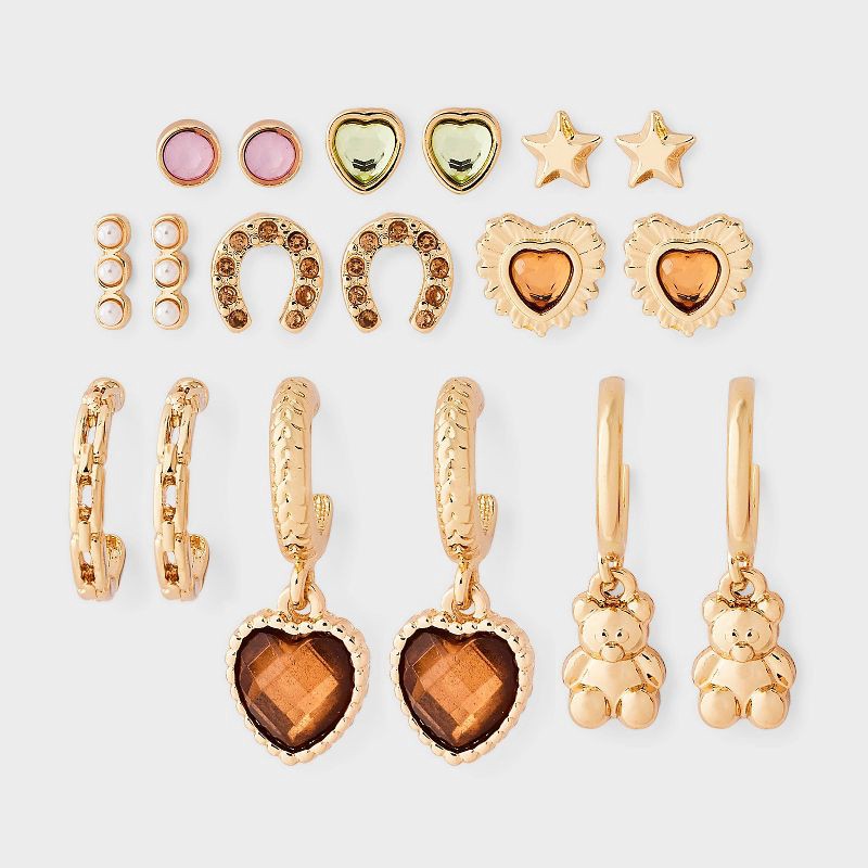 slide 1 of 3, Girls' Heart Studs and Hoops with Teddy Bear Charms Mixed Earring Set 9pc - art class™ Gold, 9 ct