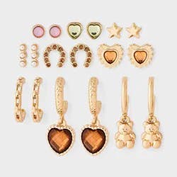 Girls' Heart Studs and Hoops with Teddy Bear Charms Mixed Earring Set 9pc - art class™ Gold