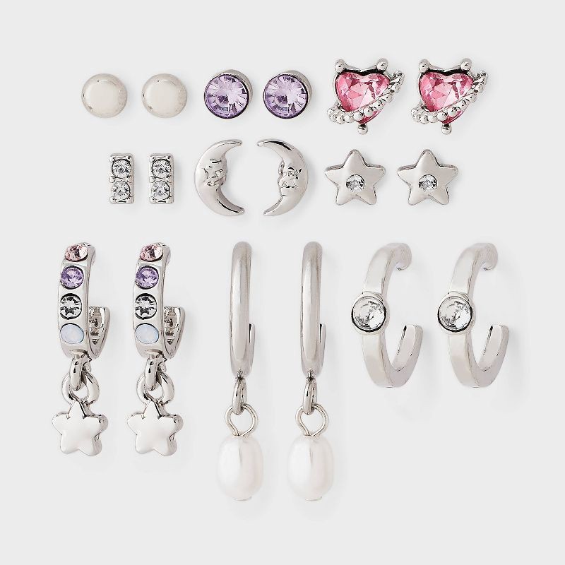 slide 1 of 3, Girls' Moon Studs and Hoops with Star Charms Mixed Earring Set 9pc - art class™ Silver, 9 ct