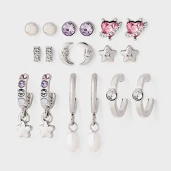 Girls' Moon Studs and Hoops with Star Charms Mixed Earring Set 9pc - art class™ Silver