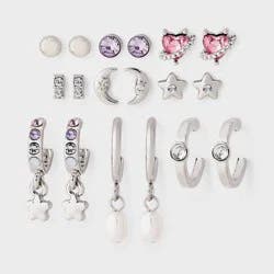 Girls' Moon Studs and Hoops with Star Charms Mixed Earring Set 9pc - art class™ Silver